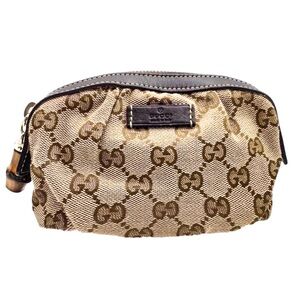 GUCCI GG Tan Brown Canvas Top Zip Bamboo Zip Cosmetic Pouch w Leather Trim NWOT